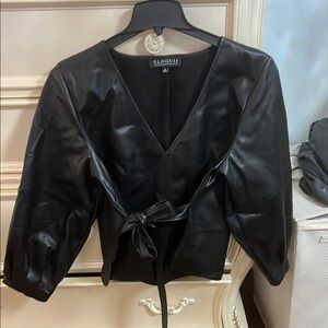Faux Leather v -neck tie waist top